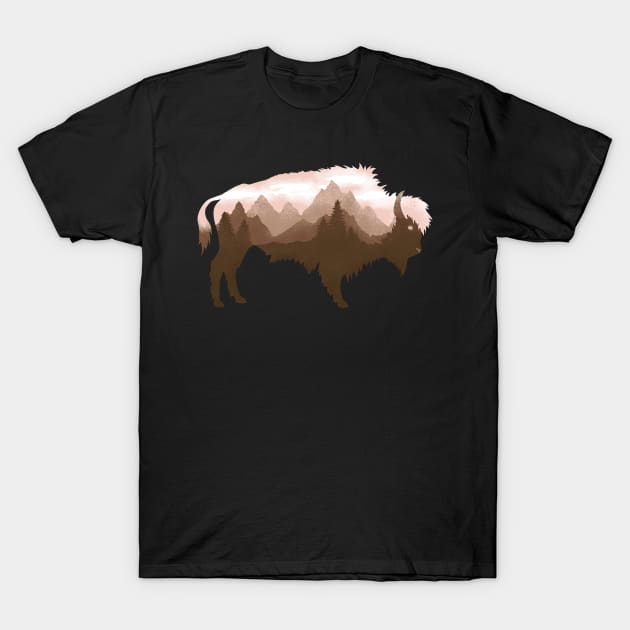 Dramabite Bison Buffalo Double Exposure Surreal Wildlife Native Animal T-Shirt by dramabite